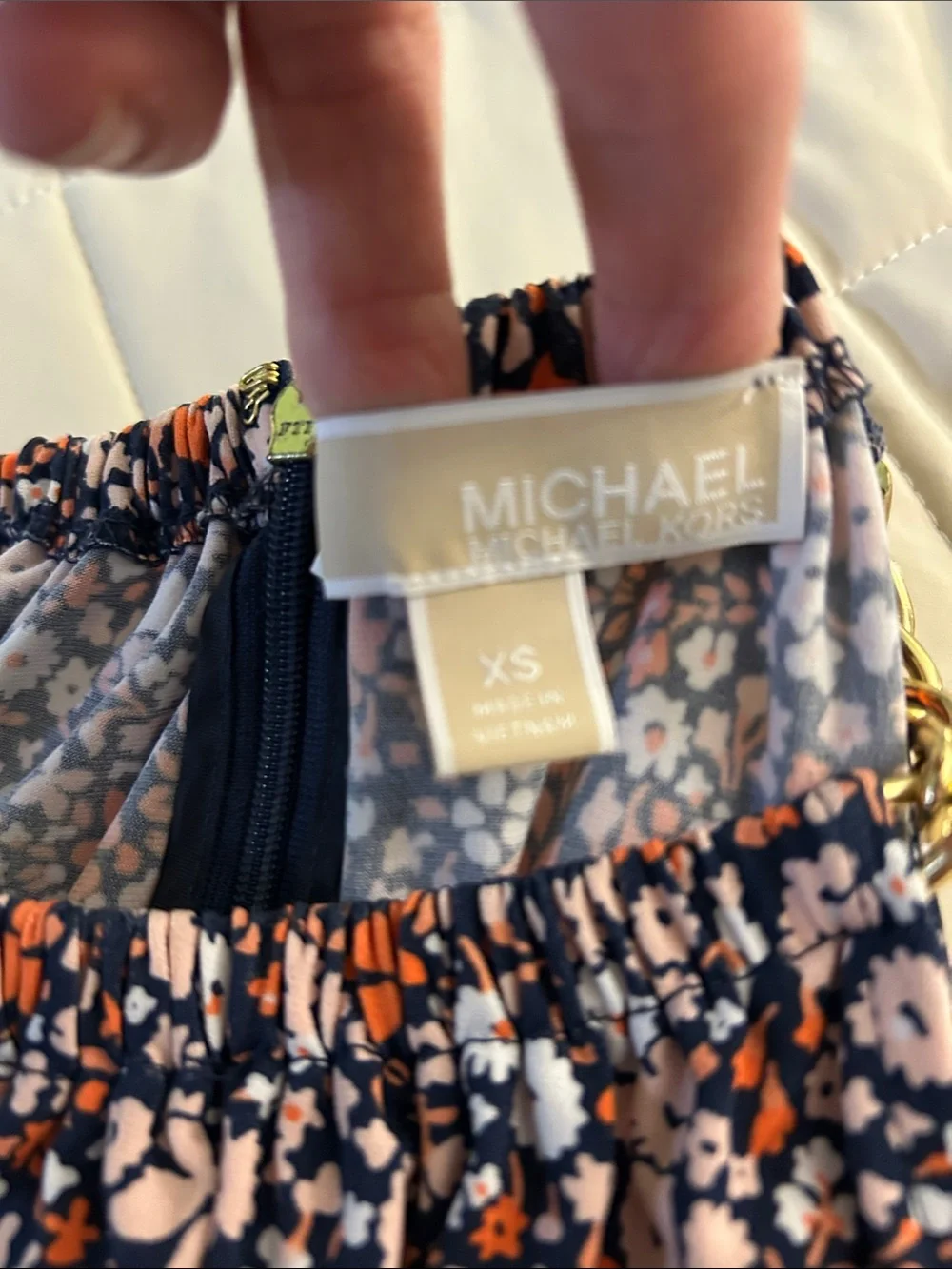 Michael Kors Navy Halter A-Line Dress with Orange and White Floral Print